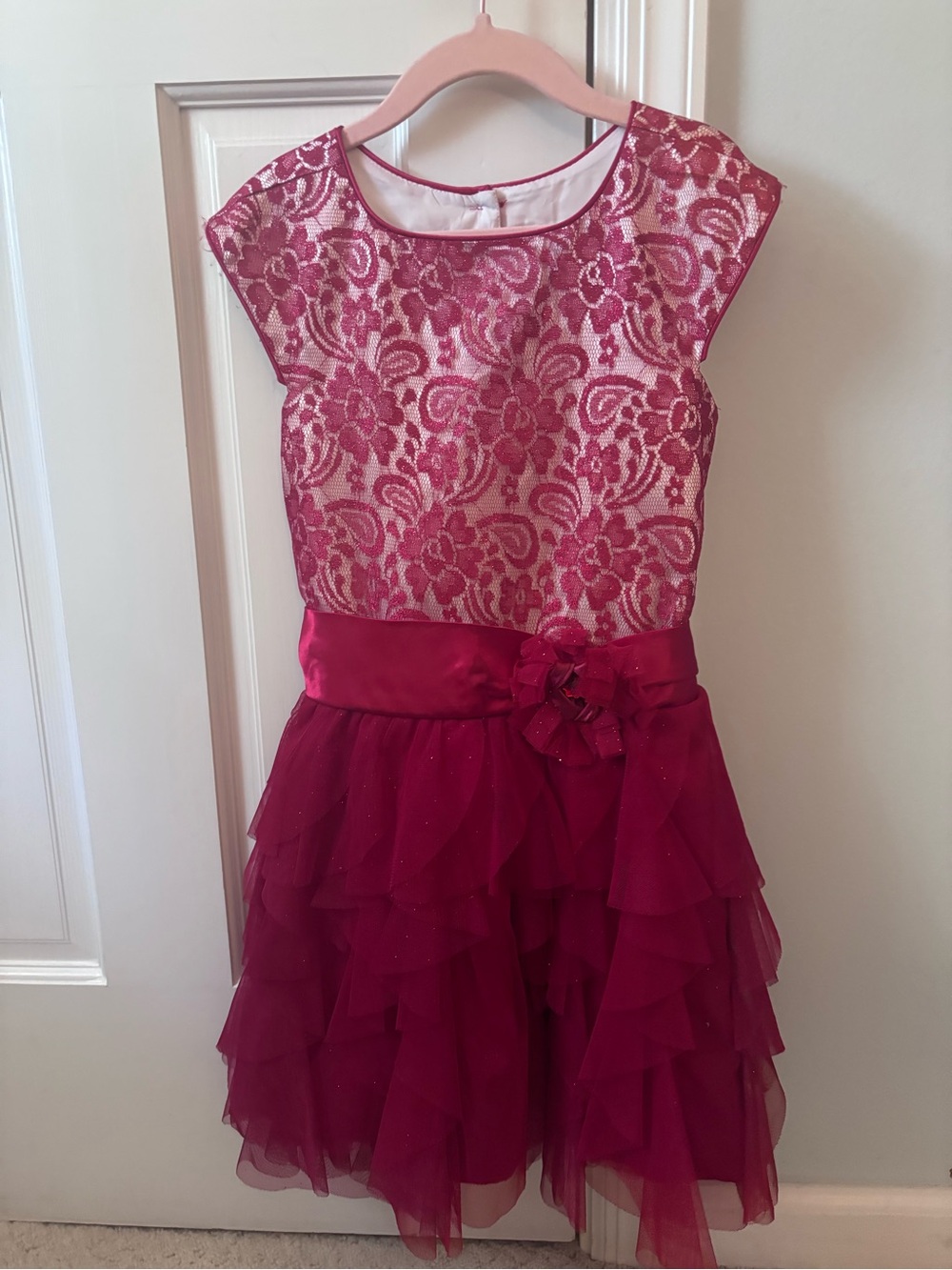 Jona Michelle Red Lace Bodice Ruffled Tulle Dress
